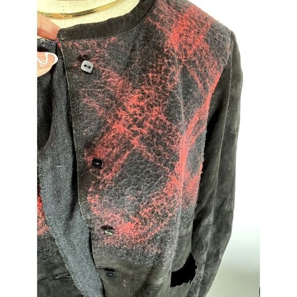 Free People Black Leather Jacket Size Large Suede Buffalo Plaid Grunge Dark Acad - Picture 7 of 16